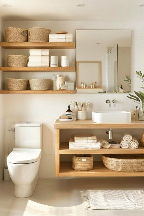 Muji Home Bathroom, Tiny Japandi Bathroom, Japandi Half Bathroom, Small Scandi Bathroom, Small Zen Bathroom Ideas, Japandi Small House, Japandi Interiors Bathroom, Small Japandi Bathroom, Coastal Small Bathroom Ideas