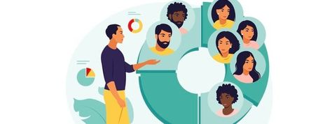 Audience segmentation concept. Man near a large circular chart with images of people. Vector illustration. Flat. Pay Per Click Marketing, Simple Camera, Pay Per Click Advertising, Event Programs, Audience Engagement, Business Events, Used Tools, Web Marketing, Influencer Marketing