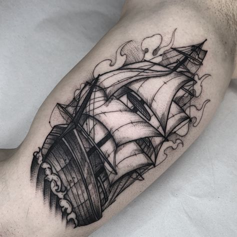 Sea Tattoos, Pirate Ship Tattoos, Tattoo Pieces, Pirate Ship Tattoo, Boat Tattoo, Temple Tattoo, Wolf Tattoos Men, Pirate Tattoo, Lighthouse Tattoo