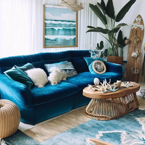 blue couch ocean boho nautical living room Ocean Living Room Decor, Ocean Inspired Living Room, Ocean Themed Living Room, Ocean Theme Living Room, Ocean Living Room, Sea Living Room, Blue Couch Living, Blue Couch Living Room, Blue Colour Scheme