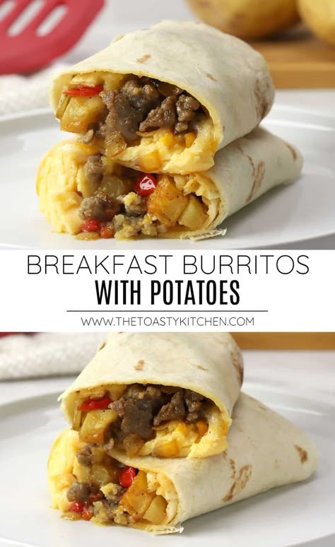 Breakfast burritos with potatoes recipe by The Toasty Kitchen. Breakfast burritos with potatoes are an easy, delicious, and filling way to start your day. This recipe combines oven roasted country potatoes with scrambled eggs, sausage, and cheese in a soft tortilla. #breakfastburritos #breakfastburritowithpotatoes #breakfastpotatoes #breakfast #freezerfriendly #mealprep Breakfast Burritos With Potatoes, Easy Breakfast Burritos, Freezer Breakfast Burritos, Breakfast Burritos Frozen, Breakfast Burritos Recipe, Prep Breakfast, Frozen Breakfast, Best Meal Prep, Breakfast Burrito