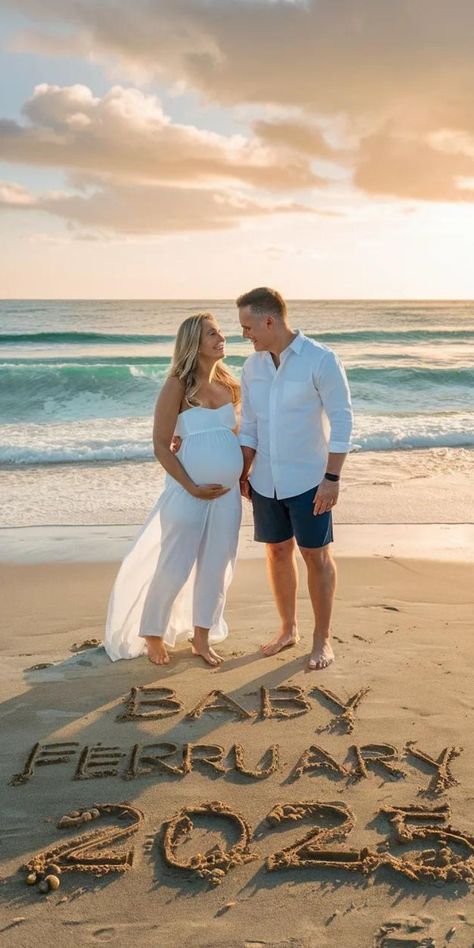 couple announcing their pregnancy on the beach Beach Picnic Gender Reveal, Maternity Photo Shoot On Beach, Gender Reveal Beach Pictures, Oahu Maternity Photos, Beach Baby Announcement Pictures, Pregnancy Announcement On The Beach, Gender Reveal On Beach, Baby Announcement Beach Ideas, Unique Baby Reveal Ideas