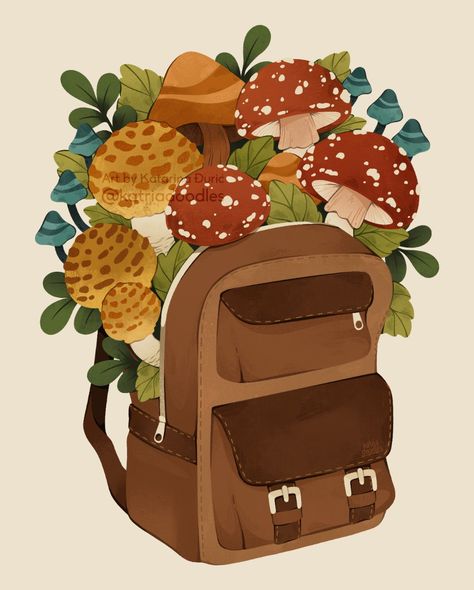 Backpack Drawing, Fall Drawings, Cute Wall Decor, Arte Robot, Mushroom Art, Packing Light, Whimsical Art, Cute Illustration, Amazing Art