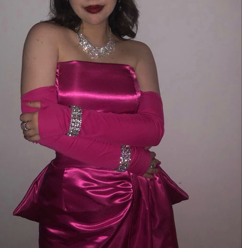 Hot Pink Dress Birthday Outfit, Pink Dress Black Gloves, Hollywood Theme Homecoming Dresses, Hollywood Themed Homecoming Dresses, Hot Pink Business Outfit, Hot Pink Dress Aesthetic, Pink Disco Outfit, Hot Pink Birthday Outfit, Hot Pink Outfits Aesthetic