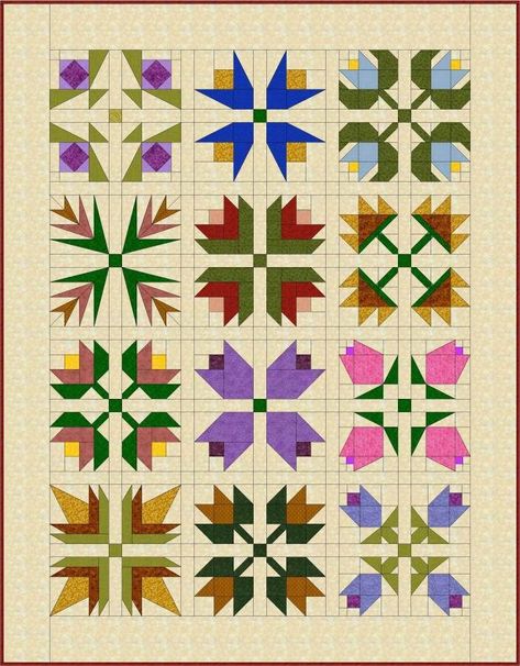 Flowers Quilt Pattern, Japanese Quilt Patterns, Flower Patchwork, Flower Quilt Patterns, Flowers Quilt, Painted Barn Quilts, Barn Quilt Designs, Spring Quilts, Quilt Square Patterns