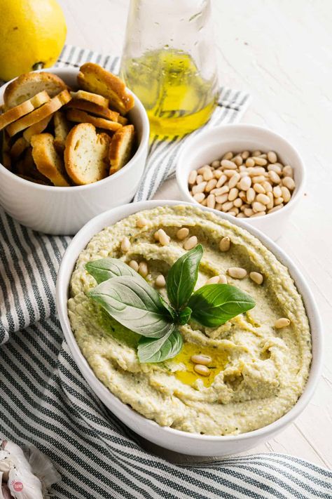 Basil Pesto Hummus - Take Two Tapas Basil Pesto Hummus, Hummus Platter, Pesto Hummus, Nutritional Yeast Recipes, Make Hummus, Yummy Healthy Snacks, Veggie Sandwich, Easy Party Food, Lebanese Recipes