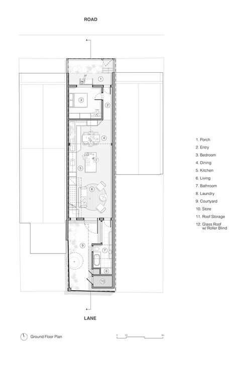 Long Houses Architecture, Slim House Design, Narrow House Layout, Modern Loft House Exterior, Small Narrow House Design, Long House Floor Plans, Long House Design, Tiny Concrete House, Long Narrow House Plans