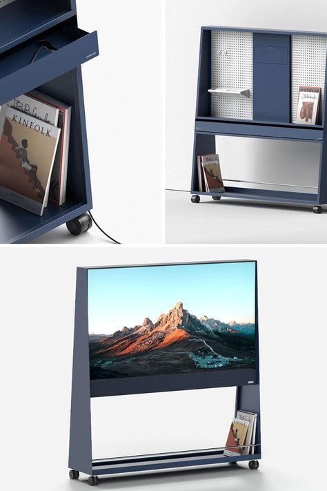 Bringing Aesthetic Privacy and Functional Flexibility, this Trolley Introduces a Portable Room Divider with Built-in Television and Storage Shelves. Learn More! Tv Trolley Design, Portable Desk Ideas, Tv Trolley, Desk Build, Home Office Aesthetic, Portable Furniture, Office Screens, Home Layout, Portable Room Dividers