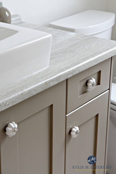 The 4 Best Gray & Greige Colours for Cabinets & Vanities (Medium-toned) - Kylie M Interiors Kingsport Gray, Colors With Oak Cabinets, Greige Bathroom, Taupe Bathroom, Kylie M Interiors, Greige Paint Colors, Painted Bathroom, Greige Paint, Walk In Shower Designs