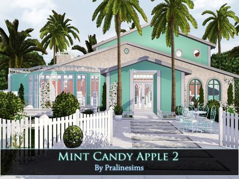 Not So Berry Mint House Sims 4, Sims 4 Mint House, Not So Berry Mint Cc, Sims 4 Not So Berry Cc Mint, Sims 4 Cc Mint, Sims Architecture, Decorated Garden, Bathroom Exterior, Kitchen With Dining Area