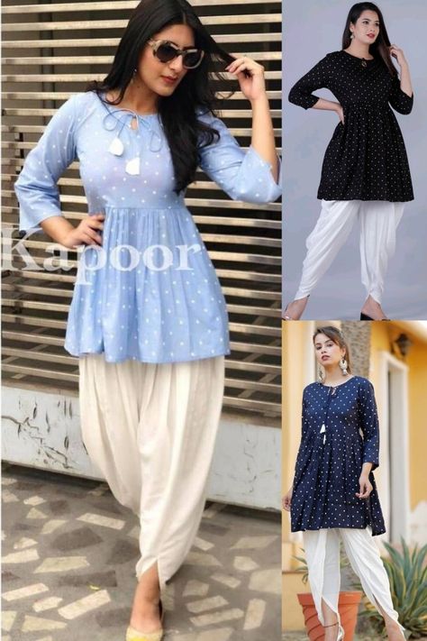 Kurta And Dhoti Pants For Women, Dhoti Style Suits For Women, Tops For Dhoti Pants Women, New Pattern Kurti Design With Pant, Kurti With Pant Design, Dhoti Pants Outfit Casual, Kurta New Designs Women, Kurta With Dhoti Pants Women, Rayon Kurtis Design Latest