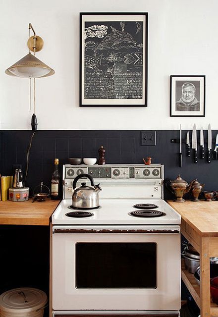 Half Tile Wall Kitchen, Tile Half Way Up Kitchen Wall, Kitchen Black Counter, Half Painted Walls, Fancy Kitchen, Black Countertop, Hanging Lights Kitchen, Fancy Kitchens, Butcher Blocks