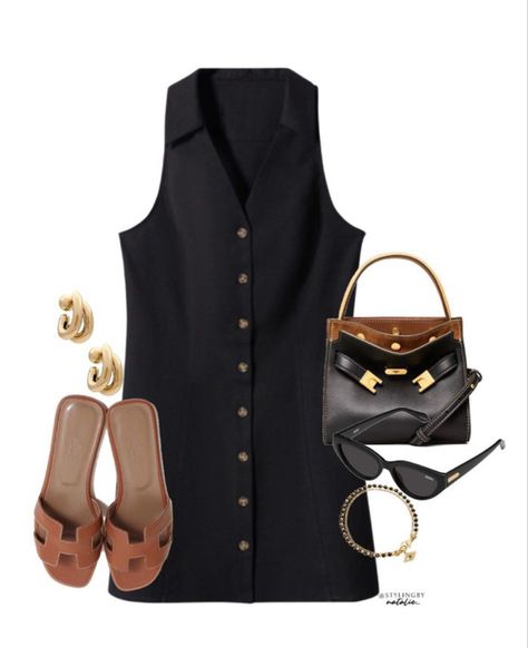 Preppy Lake Outfit, Classy Summer Outfits Work, Chic Summer Outfits Classy, Flat Tan Sandals, Button Up Dress Outfit, Black Dress Outfit Summer, Summer Outfits Vacation, Black Summer Outfits, Ootd Chic