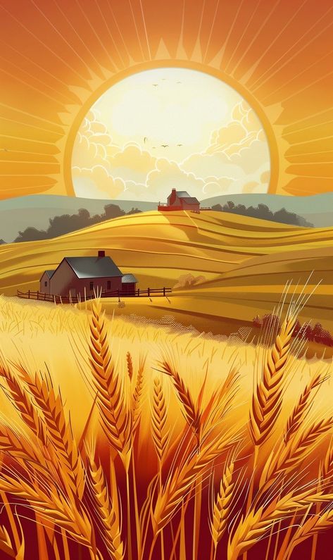 Farm Field Illustration, Sunset Farm Painting, Wheat Field Painting, Farm Mural, Golden Wheat Field, Wheat Farm, Nature Countryside, Tarpaulin Design, Dibujos Toy Story