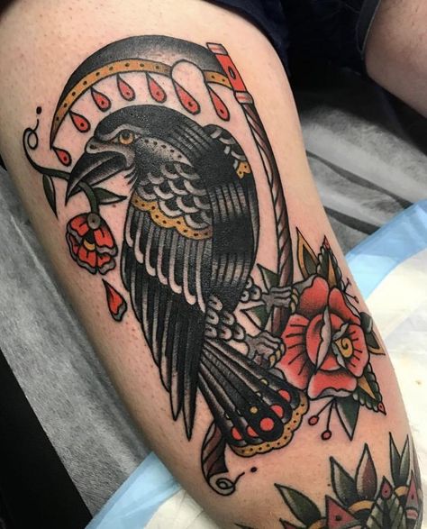 Traditional Raven and Scythe by Jason Meredith at Tradition Tattoo Brisbane - Album on Imgur Old Crow Tattoo, Tradition Tattoo, Raven Tattoos, Brisbane Tattoo, Bird Tattoo Men, Crow Tattoo Design, Traditional Style Tattoo, Traditional Tattoo Sleeve, Crow Tattoo