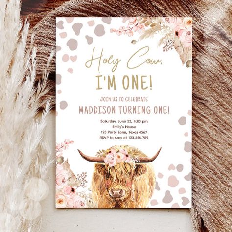 $3.08 | Holy Cow Highland Pampas Boho 1st First Birthday #cow birthday, farm birthday, girl birthday, farm animals, holy cow, cow girl birthday, moo cow, highland cow, boho farm, first birthday Farm First Birthday, Cow Birthday Parties, Cow Highland, Cow Birthday, Birthday Cheers, Farm Birthday, Baby 1st Birthday, Holy Cow, 1st Birthday Invitations