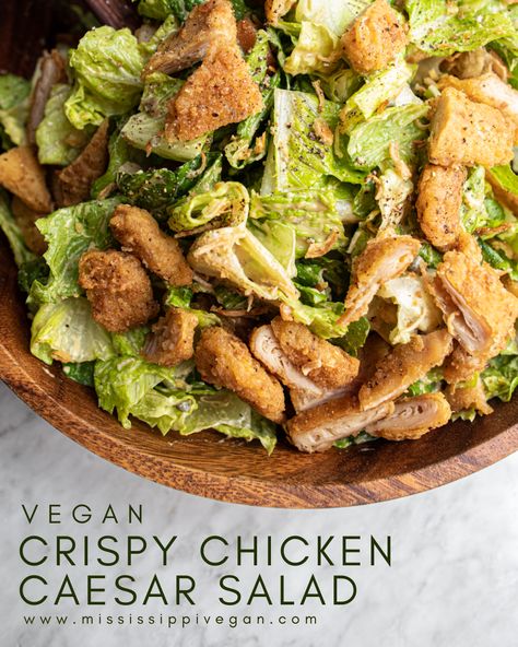 This Crispy Chicken Caesar Salad recipe comes together quickly & easily. A creamy dressing tossed with romaine & topped with crispy chicken. Vegan Crispy Chicken, Fried Chicken Salads, Vegan Chicken Salad, Crispy Chicken Salads, Chicken Salad Dressing, Chicken Caesar Salad Recipe, Vegan Chicken Nuggets, Vegan Caesar Salad, Vegan Caesar