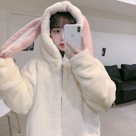 Bunny Onesie, Korean Fits, Aesthetic Shirts, Winter Color, Sleeve Pattern, Bunny Ears, Bunny Ear, Kawaii Clothes, Japan Fashion