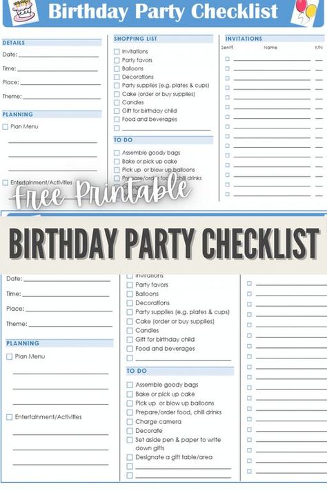 A free printable birthday party checklist to help you plan your child's next birthday party with less stress, and so you don't forget anything. #birthdayparty #checklist #freeprintable 1st Birthday Party List Checklist, 60th Birthday Party Planning Checklist, Birthday Party Necessities List, Birthday Party Planning Template, Party To Do List Birthday, 2nd Birthday Party Checklist, Birthday Party Checklist Kids, Birthday Party Essentials List, Birthday Party List Checklist