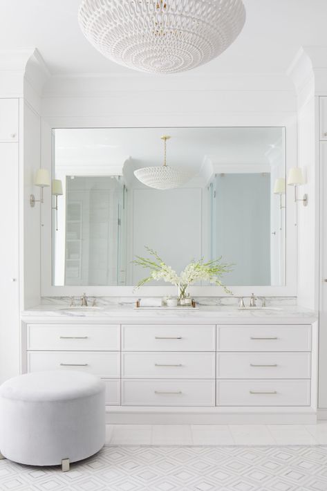 Edgehill - Olly + Em All White Master Bath Ideas, Bowl Chandelier, Light Oak Floors, Master Bath Design, All White Bathroom, Coast House, His And Hers Sinks, Cast Iron Bathtub, Bathroom Ensuite