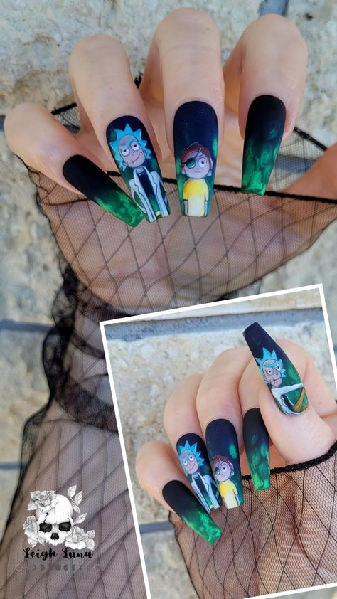 Rick Morty Nails, Nail Art Portrait, Rick And Morty Nails Acrylic, Rick And Morty Nail Art, Animated Nails, Rick And Morty Nails, Evil Rick And Morty, Evil Rick, Badass Nails