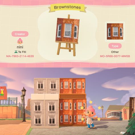 Brownstones/brick window custom design for Animal Crossing. Please tag me @nini.acnh on Instagram if you do use this design! Brick Window, Brownstone House, Acnh Paths, Motif Acnl, House Pattern, Animal Crossing Guide, City Island, Acnh Designs, Animal Crossing Qr Codes Clothes