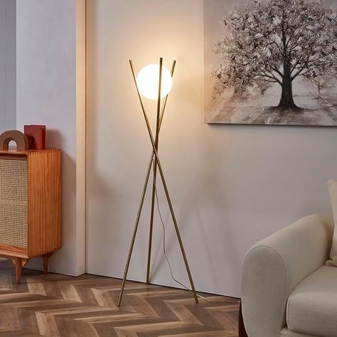 Ozarke Solstice Glass Globe Floor Lamp - Mid Century Modern Contemporary LED Standing Light for Bedroom, Living Room, Hotel, Home Office, Brass Gold - Amazon.com Mid Century Modern Standing Lamp, Modern Gold Floor Lamp, Modern Standing Lamps, Mid Century Modern Floor Lamps, Globe Floor Lamp, Standing Light, Interior Design Per La Casa, Office Lamp, Gold Floor Lamp