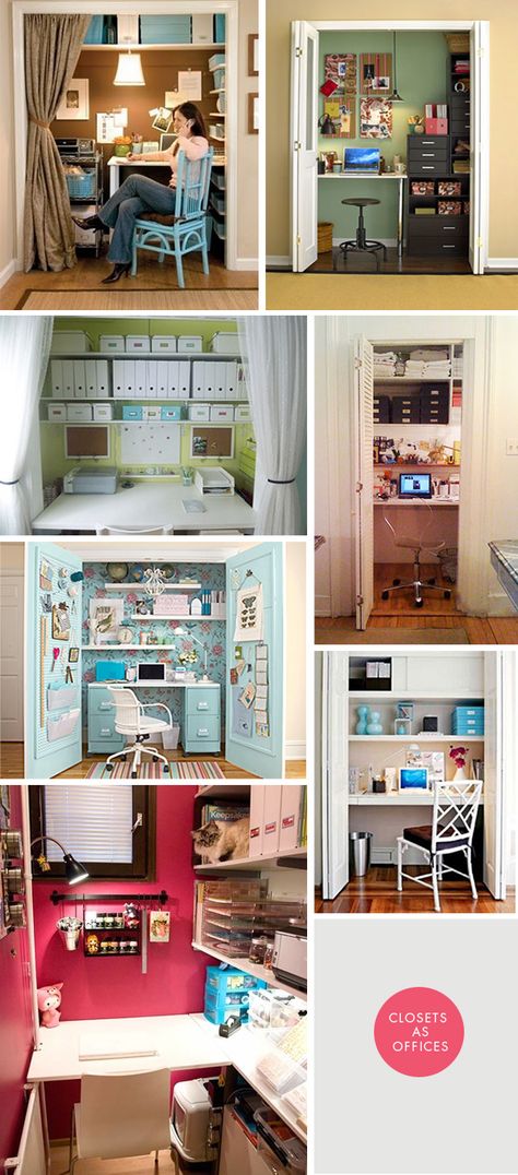 DIY Inspiration - Closets as Offices. Creative ways to convert a closet into a home office. Closet Desk, Closet Office, Office Nook, Craft Room Office, Sewing Rooms, Closet Bedroom, Space Crafts, Office Organization, Sewing Room