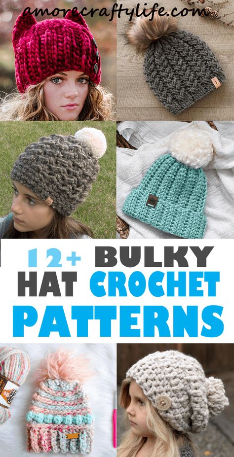 Bulky Hat Crochet Patterns – Keep Warm - A More Crafty Life Bulky Yarn Crochet Hat Pattern Free Kids, Super Bulky Yarn Patterns, Chunky Wool Crochet, Hat Crochet Patterns, Winter Hat Crochet Pattern, Bulky Yarn Patterns, Bulky Yarn Crochet, Chunky Crochet Hat, Chunky Yarn Crochet