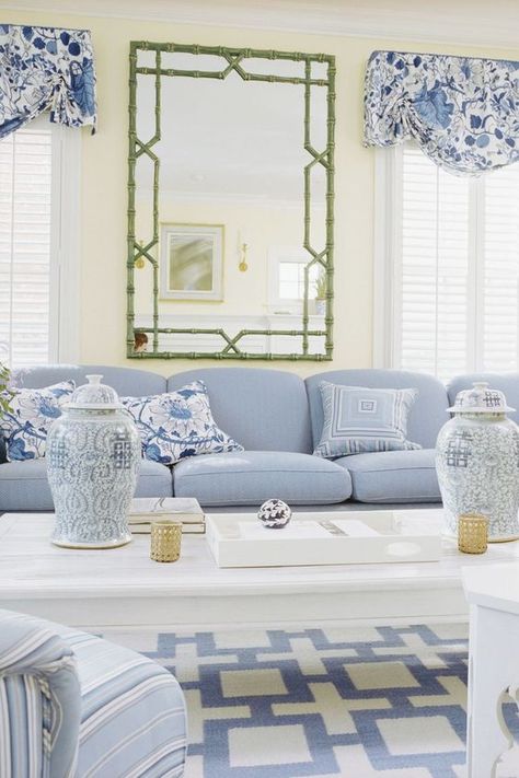 Town and Country A classic living room in blue and white with a pair of blue and white ginger jars and a green faux bamboo mirror. French Country Decorating Living Room, Blue And White Decor, Blue And White Living Room, French Country Living Room, Blue White Decor, Coastal Living Rooms, Country Living Room, White Living, White Living Room