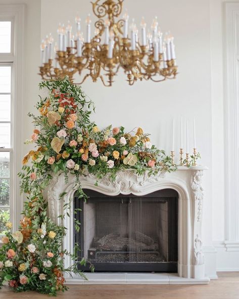 Dressing Up a White Wedding Venue with Colorful Summer Flowers » Hey Wedding Lady Wedding Mantle, Autumn Reception, Fall Centerpieces, Urban Wedding Venue, Floral Installations, The Royal Wedding, Micro Weddings, Flower Centerpiece, Boho Style Wedding