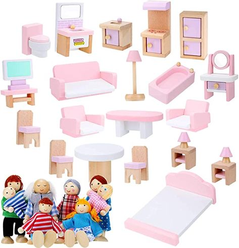 Wooden Dollhouse Furniture, Dollhouse Furniture Sets, Dollhouse Family, Wooden Living Room, Girls Dollhouse, Doll Family, Wooden Doll, Wooden Dollhouse, Play Toys