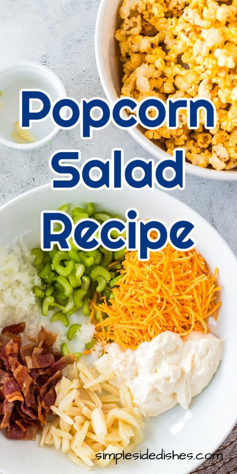 Get ready to make a unique and easy recipe – Popcorn Salad. This recipe combines the goodness of popcorn with a medley of savory ingredients for a flavor explosion like no other. #simplesidedishes #popcornsalad #savory #easyrecipe #healthy #sidedish #holidays #potluck Unique Snacks Ideas, Popcorn Salad Recipe, Fancy Popcorn Recipes, Meals With Popcorn Shrimp, Popcorn Shrimp Sides, Popcorn Shrimp Meals Dinners, Popcorn Salad Sweet, Unique Popcorn Recipes, Savory Popcorn Recipes