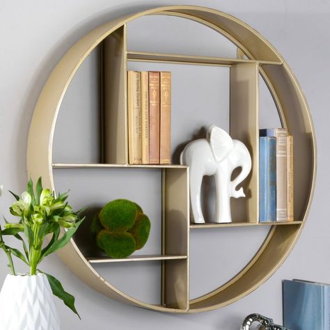 Round Metal 7 Slot Wall Shelf Living Room Wall Shelf Ideas, Wall Book Shelf Ideas, Bathrooms Shelves, Round Bookshelf, Wall Shelf Ideas, Round Wall Shelves, Shelves For Bathroom, Accent Shelf, Wall Display Shelves