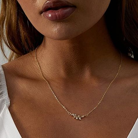 Minimalist 14k Gold Diamond Necklace With Accents, Refined Gold Necklace With Diamond Accents, Refined Yellow Gold Necklace With Diamond Accents, Olive Branch Necklace, Dainty 14k Gold Diamond Necklace, Tarnish Resistant, Olive Necklace, Branch Necklace, Sweet Necklace, Olive Leaf