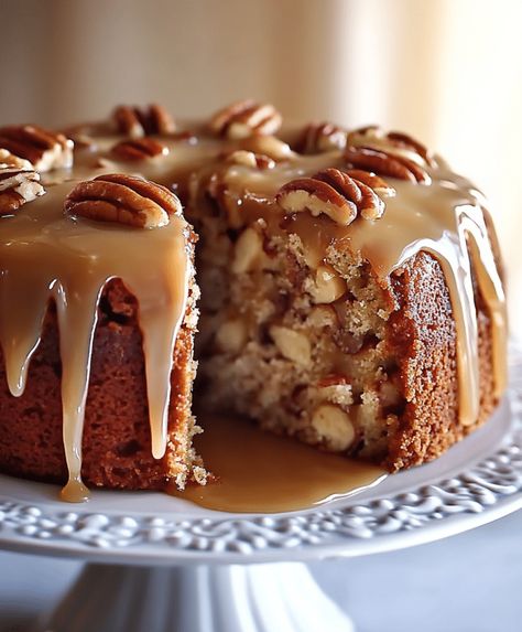 Apple Pecan Cake With Caramel Glaze Recipe Apple Pecan Cake Recipe, Apple Pecan Cake, Caramel Glaze Recipe, Creamy Chicken Tortilla Soup, Cake With Caramel, Banana Bread Recipe Moist, Caramel Glaze, Moist Banana Bread, Pecan Cake