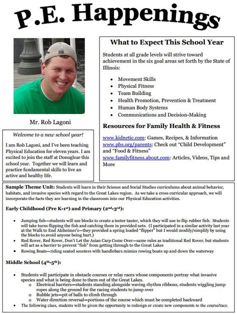 A parent newsletter on gym classes incorporating invasive species lessons. "My goal is to try and incorporate information my students may be learning in their classrooms about invasive species, animal adaptations and habitats, as well as animal behavior into activities in Physical Education. " --Rob, a Physical Education teacher about bringing Great Lakes content into his gym classes Pe Classroom, Pe Board, Teacher Communication, Health Lesson Plans, Gym Teacher, Elementary Physical Education, Parent Newsletter, School Newsletter Template, Physical Education Lessons