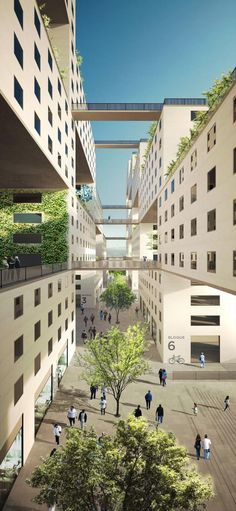 Public space between the two buildings and the building are connected with bridges Social Housing Architecture, Single Apartment, Collective Housing, Street Lighting, Urban Housing, Best Modern House Design, Social Housing, Residential Complex, Urban Architecture