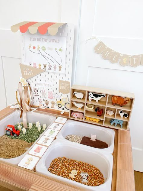 Goodnight Fox - Life on the farm: Flisat table sensory play activities for early learners Diy Sensory Bin Kindergarten, Sensory Table Activities Toddlers, Farm Sensory Activities, Flisat Sensory Table Ideas, Sensory Table Ideas For Toddlers, Flisat Table Ideas, Flisat Table Activities, Animal Sensory Play, Sensory Table Activities