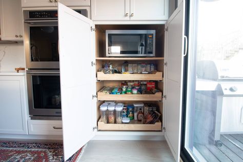 Pantry Cabinet Microwave, Tall Pantry Cabinet Next To Fridge, Microwave In Pantry Cabinet, Microwave In A Small Kitchen, Microwave In Pantry, Hidden Microwave, Kitchens Green, Adu Ideas, Organize Pantry