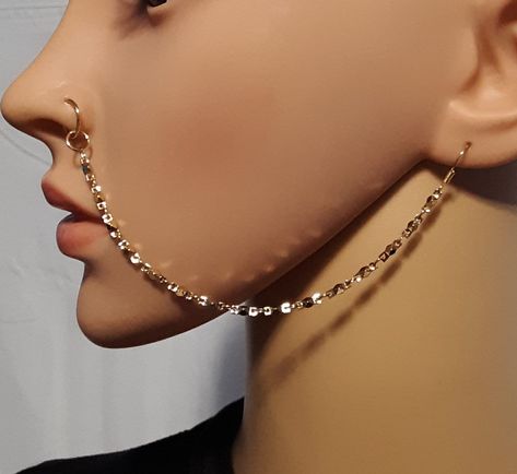 Ear To Nose Chain, Nose To Ear Chain, Nose Ring With Chain, Ring With Chain, Edgy Jewelry, Ear Chain, Body Chains, Gold Nugget, Nose Rings