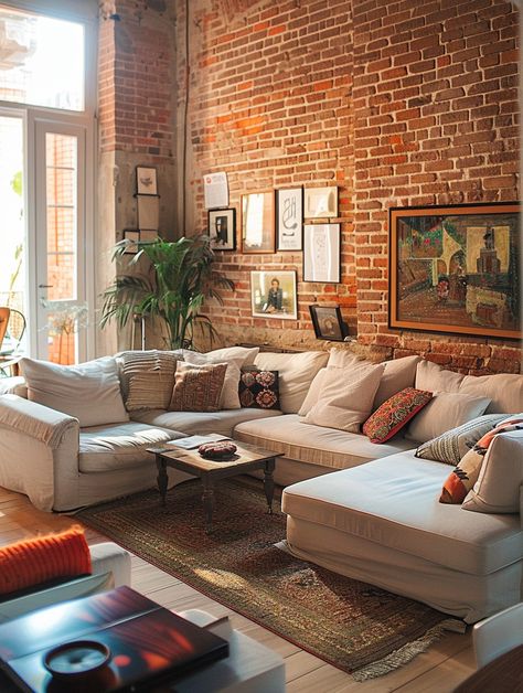 industrial-living-room London Interior Design Living Room, Feminine Industrial Living Room, Brick Wall In Apartment, Exposed Brick Room, Loft Style Apartments Decor, Exposed Brick Decor, Mill Apartment Decor, Vintage Industrial Decor Living Room, Decorate Brick Wall