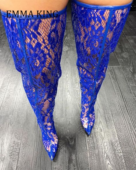 Lace Thigh High Boots, Blue Thigh High Boots, Royal Blue Boots, Thigh High Boots Heels, Blue Boots, Summer Lace, Stiletto Boots, Long Boots, High Heels Stilettos