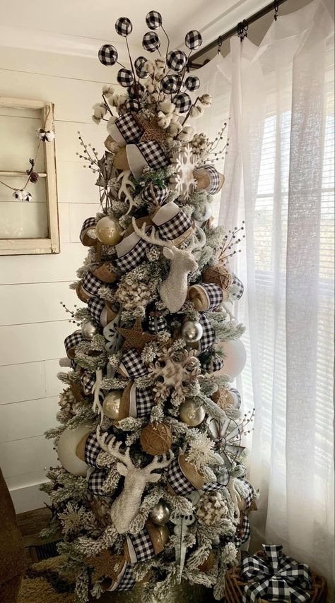 White And Black Plaid Christmas Tree, Black And Burlap Christmas Tree, Champagne And Buffalo Plaid Christmas Tree, Deer Christmas Tree Ideas, Black And White Farmhouse Christmas Tree, Black And Tan Christmas Decor, Rustic Pencil Christmas Tree, Black And White Ribbon Christmas Tree, Black And White Pencil Christmas Tree