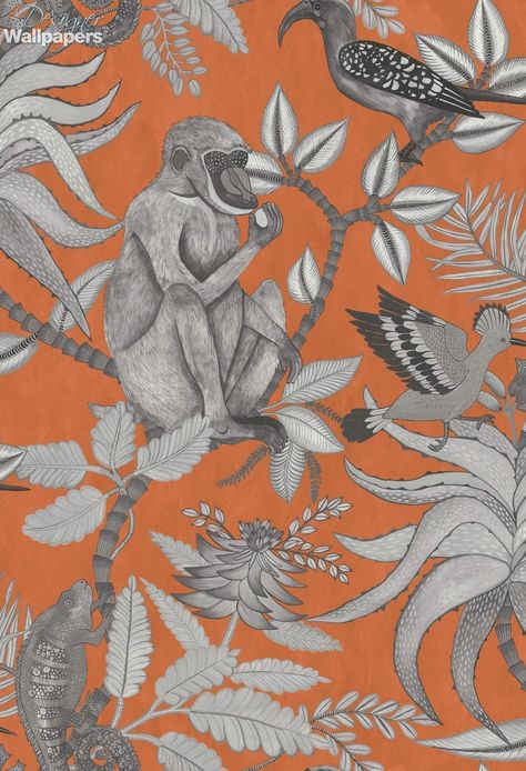 The bold and enchanting Savuti wallpaper is named after the much-loved African national park in northern Botswana. It features large baboons relaxing on tree branches, alongside chameleons and birds such as hornbills and hoopoes. Stylish and tasteful, this unusual pattern stands out dramatically, making it a popular choice for feature walls. (Produced on a 52cm wide, 10.05m roll. The pattern repeat measures 76.2cm, with a half drop) Cole And Son Wallpaper, Animal Mural, Classic Wallpaper, Illustration Photo, Orange Wallpaper, Baboon, Old Stone, Cole And Son, Animal Wallpaper