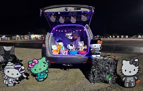 Not my photo. Found on fb: Jackie Garcia Hawkins Trunk Or Treat Hello Kitty, Sanrio Trunk Or Treat, Cat Trunk Or Treat Ideas, Hello Kitty Trunk Or Treat Ideas, Squishmallow Trunk Or Treat, Hello Kitty Trunk Or Treat, Pink Trunk Or Treat Ideas, Cat Trunk Or Treat, Trunk Or Treat Ideas For Suv