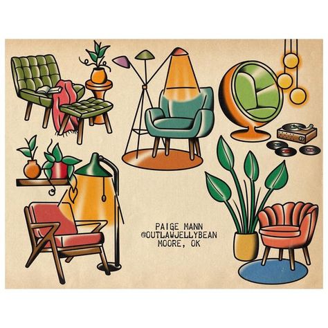 Furniture Tattoo Design, Midcentury Modern Tattoos, Mid Century Modern Tattoo Ideas, Mid Century Tattoo Ideas, Types Of Tattoo Art Styles, Tattoo Mcm, Mid Century Modern Tattoo, Retro Illustration Graphics, Traditional Flash Tattoo Ideas