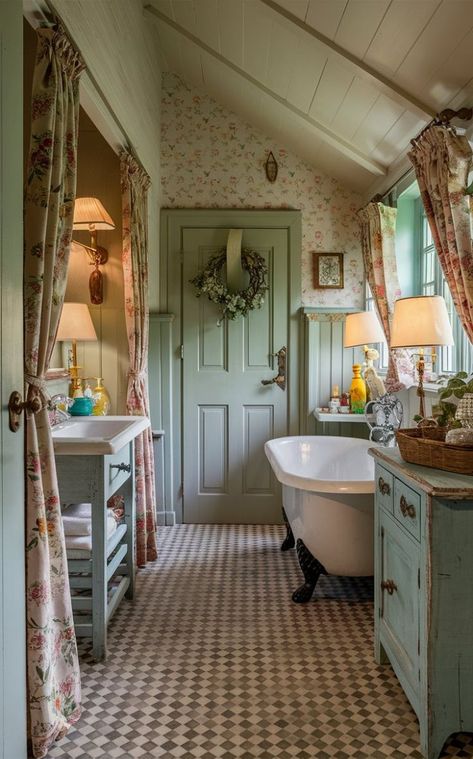 Cottage Core Bathroom, Colonial Bathroom, Bungalow Plan, Interior Decoration Ideas, Casa Country, Cottage Bathroom, Cottage Interior, Vintage Bathrooms, Cottage Interiors