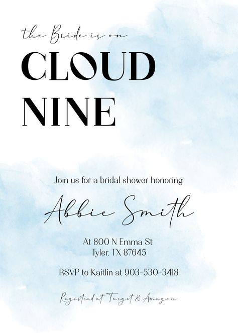 Cloud 9 Bridal Shower Invitation, Bride Is On Cloud 9, Bridal Shower Inspo, On Cloud Nine, Cloud Nine, Bridal Brunch, Modern Invitation, Cloud 9, Bridal Shower Theme