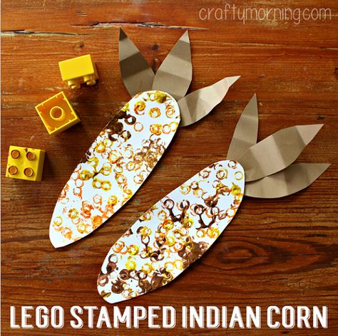 Lego Stamped Indian Corn Craft for Kids - Crafty Morning Letter I Crafts, Thanksgiving Art Projects, Fall Crafts For Toddlers, Thanksgiving Crafts For Toddlers, Thanksgiving Crafts Preschool, Crafty Morning, Easy Thanksgiving Crafts, November Crafts, Thanksgiving Preschool